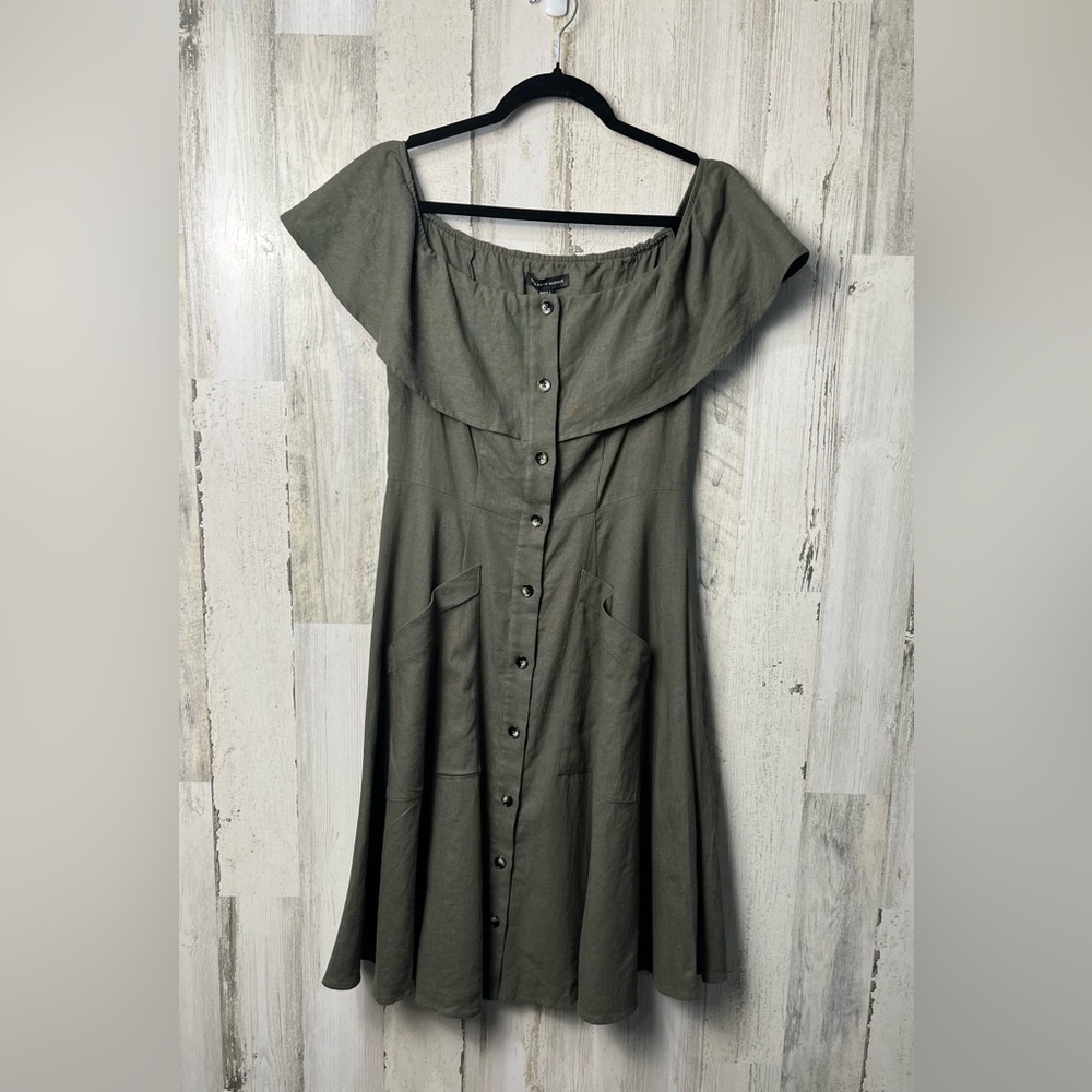 Saks Fifth Avenue Olive Green Pleated Off-Shoulder Sundress size 2 linen blend